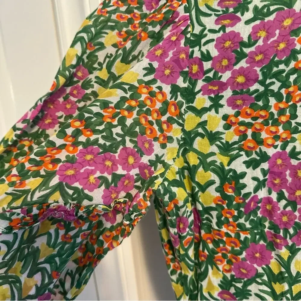 Tuckernuck Banjanan Green Pink Botanical Floral Cotton Long Sleeve Mini Dress S